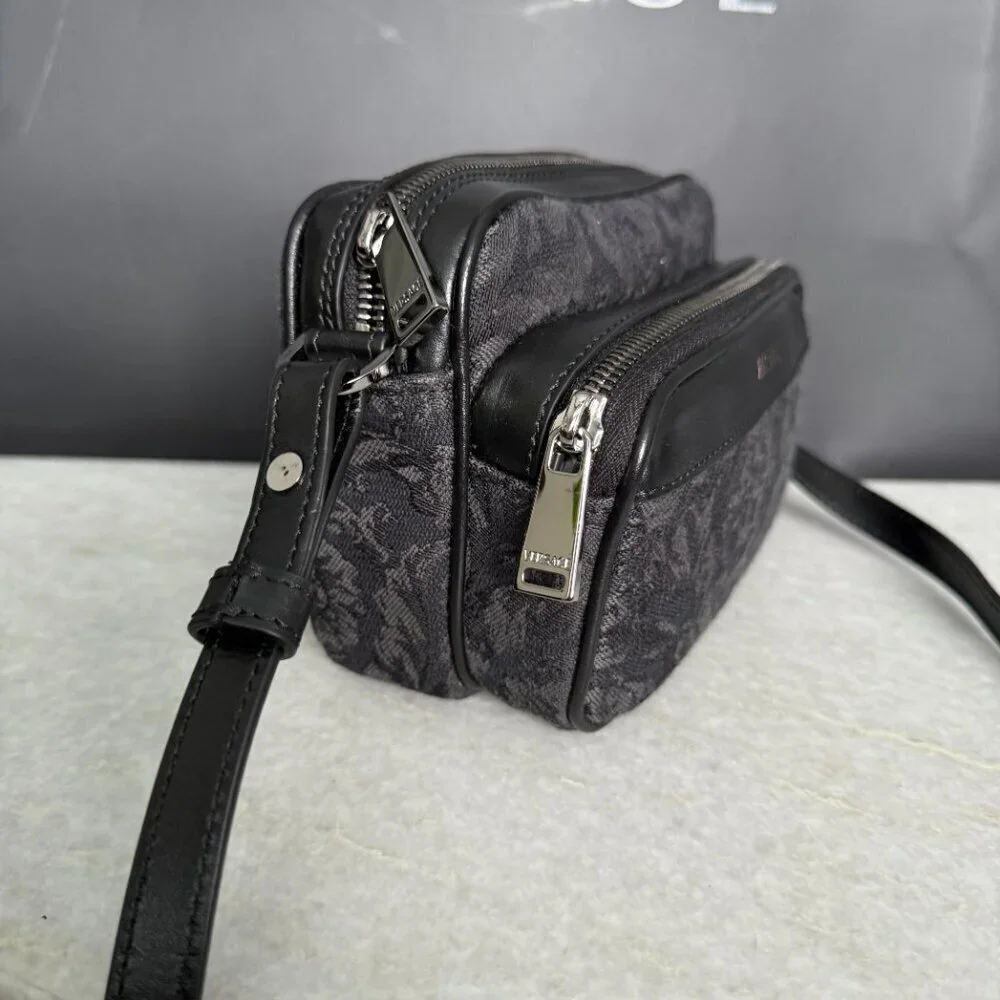 Versace Black Jacquard Fabric and Leather Shoulder Messenger Crossbody, 1012856‎
